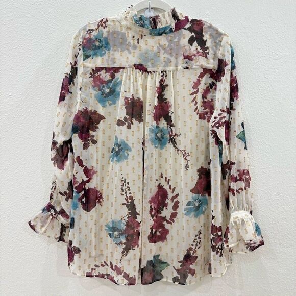 Soft Surroundings Women's Large Primrose Blouse Top Floral Gold Metallic Tie - Picture 4 of 10